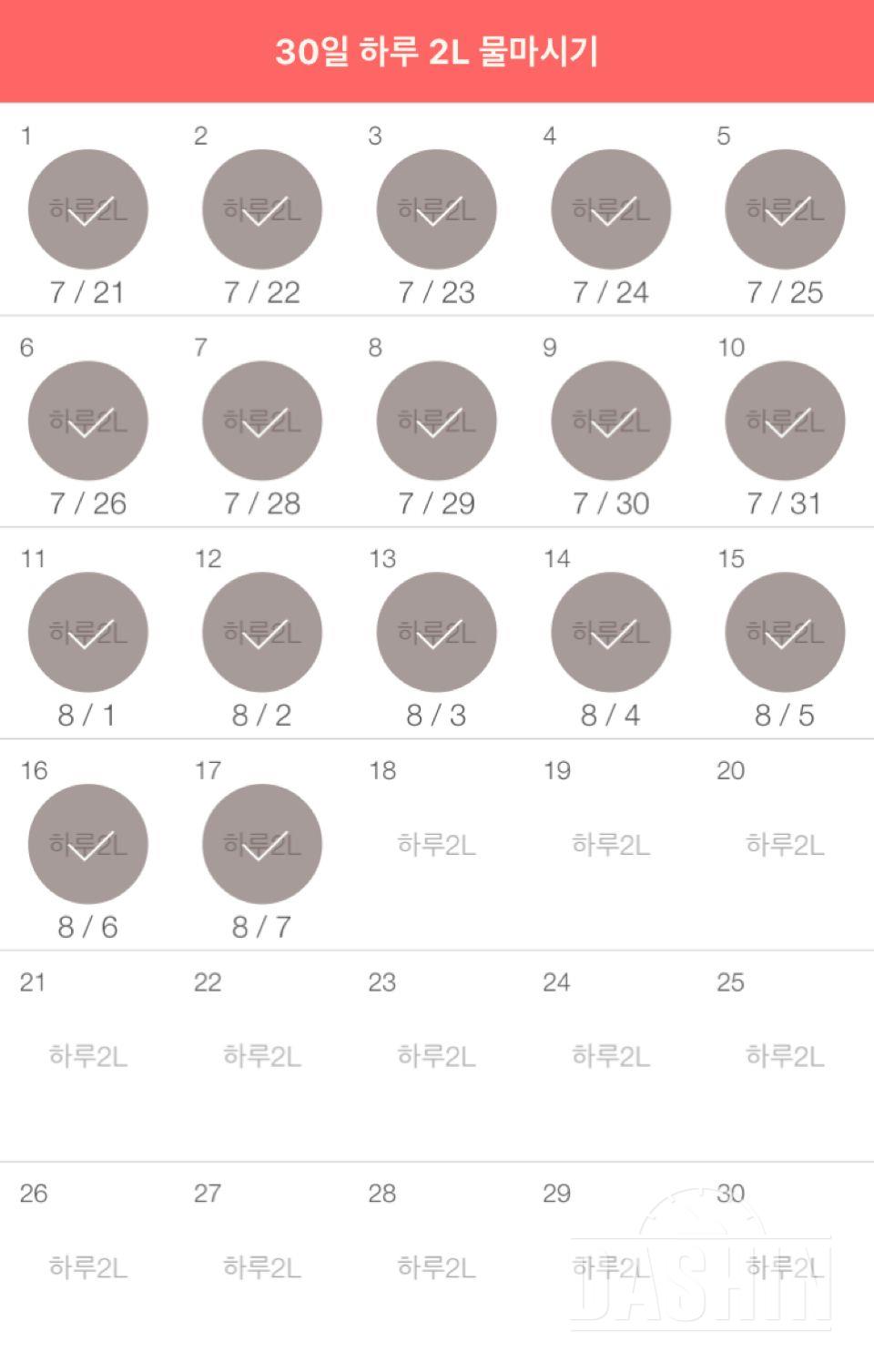 30일 하루 2L 물마시기 17일차 성공!