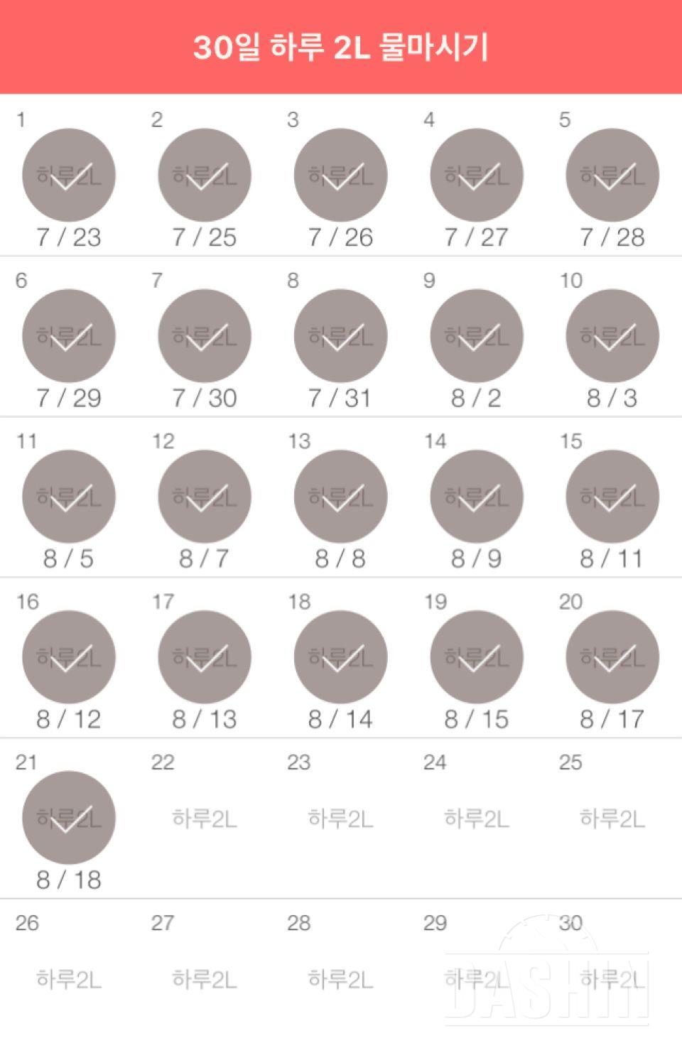 30일 하루 2L 물마시기 21일차 성공!