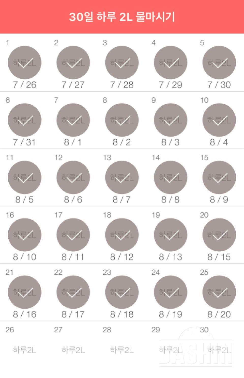 30일 하루 2L 물마시기 25일차 성공!