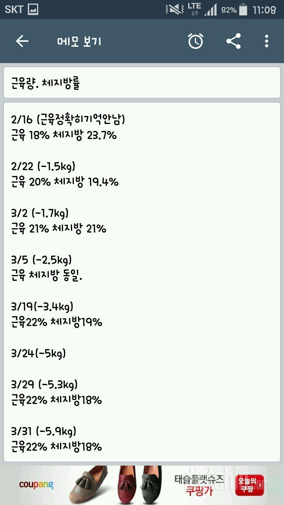 2월중순부터 운동시작 3개월정도 쉬었다가 다시운동 ( 163-60초반까지나갔다가 52-53유지)