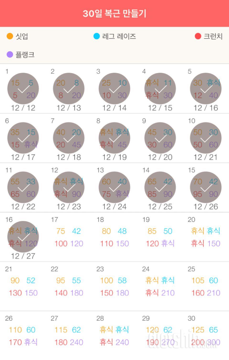 30일 복근 만들기 16일차 성공!