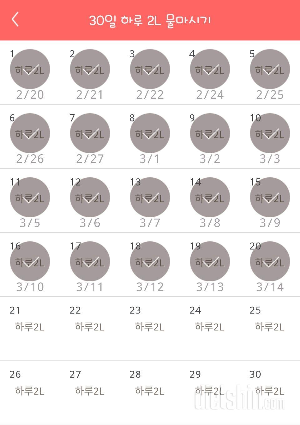 30일 하루 2L 물마시기 20일차 성공!