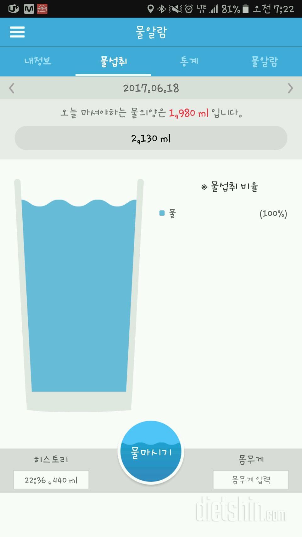 30일 하루 2L 물마시기 18일차 성공!