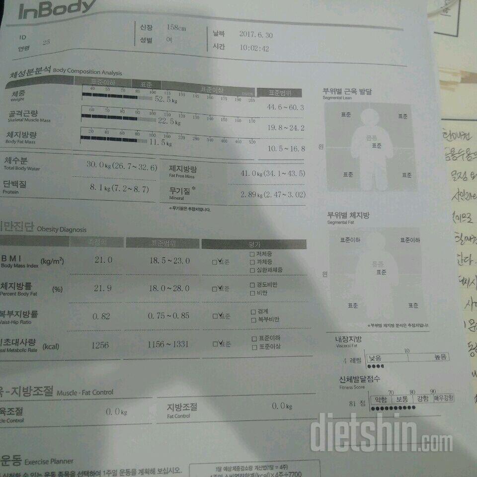 인바디 측정!! 두달간의 변화!! 158/체지방29.5%--->21..9%