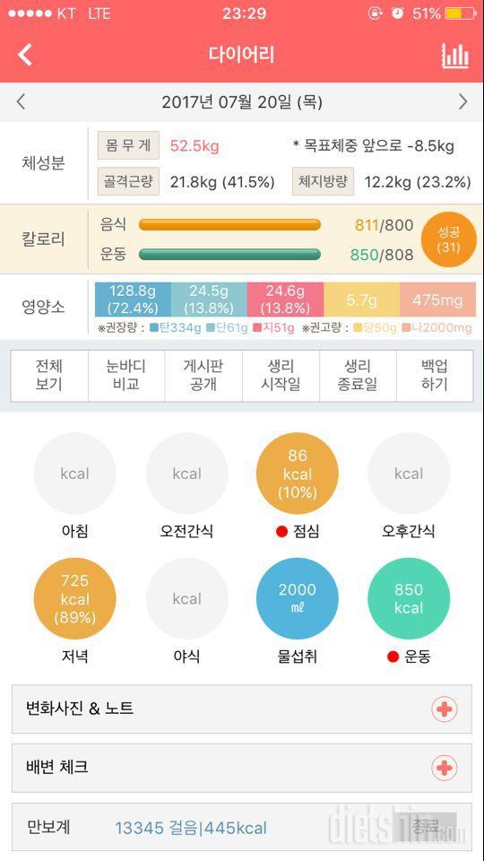 D-35) 7월 20일 다이어트 일기(+811kcal/-1295kcal)