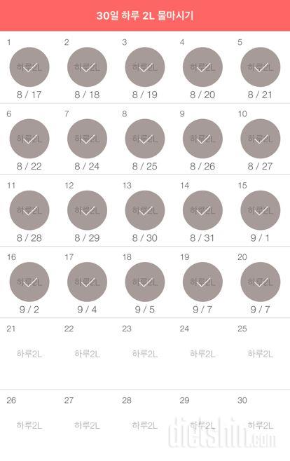 30일 하루 2L 물마시기 20일차 성공!