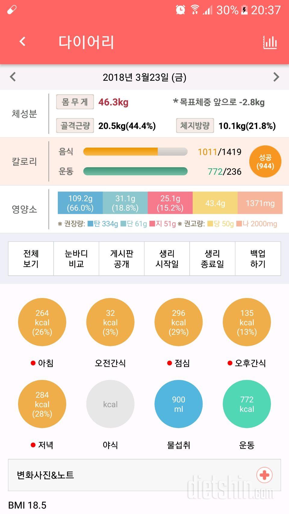 18일차 저녁&운동량