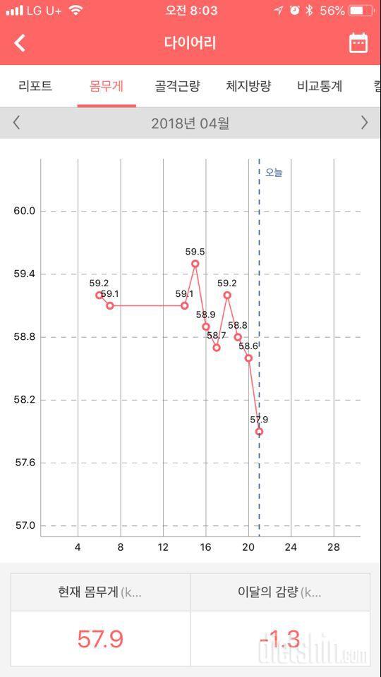 8일차 58.6->57.9(누적 -1.3)