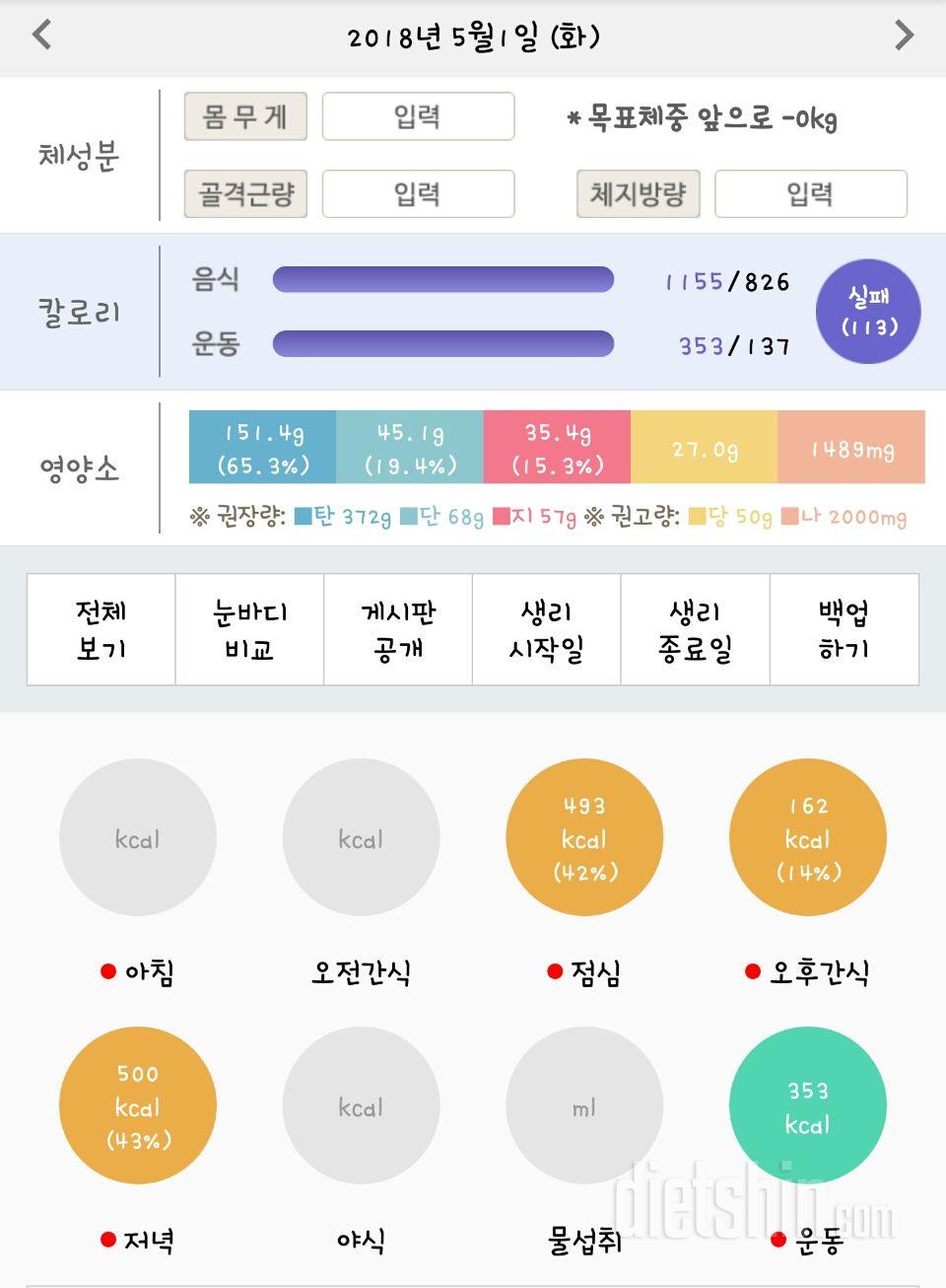 5월 1일 식단 및 운동