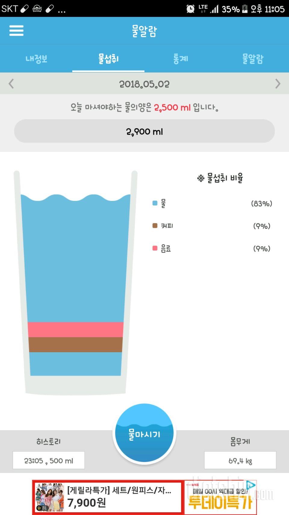 30일 하루 2L 물마시기 12일차 성공!