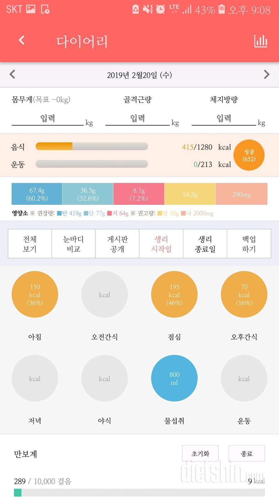 2월 20/415칼로리/물1리터/초코케익먹고싶돠아아