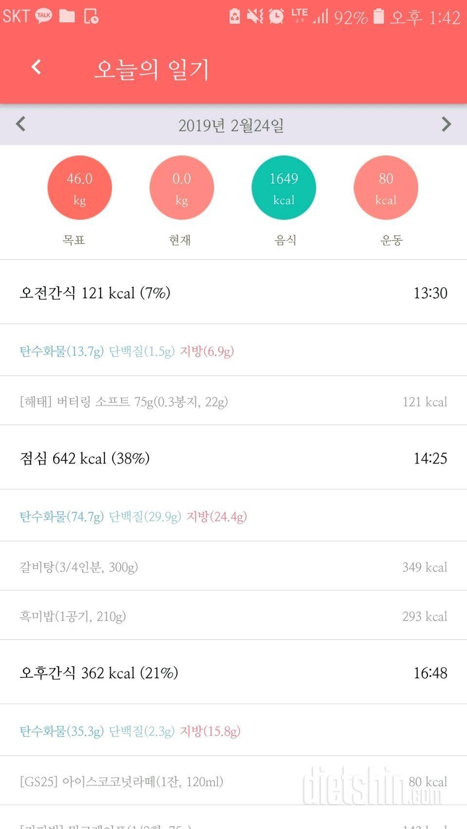 2월24일 1600칼로리 섭취 (천칼로리도전두번째실패)