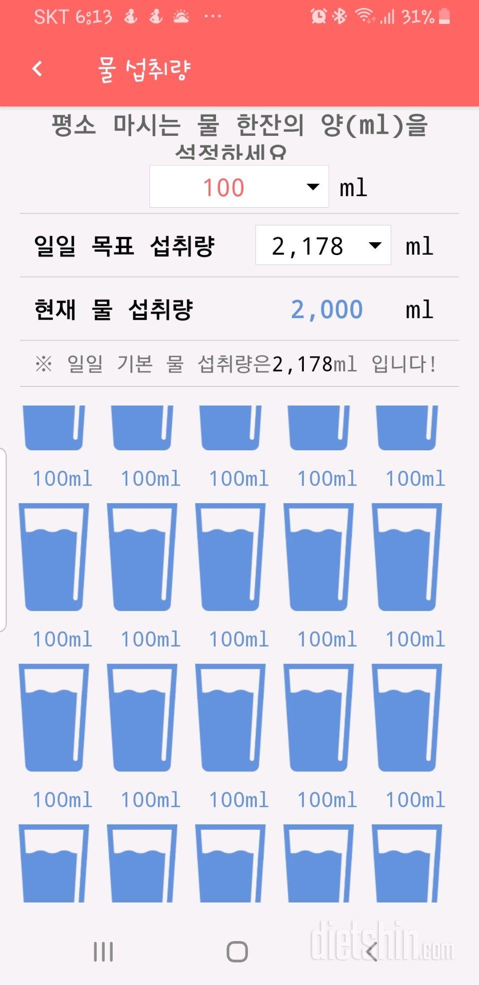 30일 하루 2L 물마시기 1일차 성공!