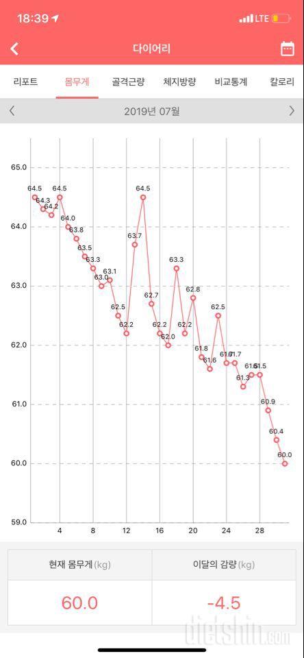 한달 64.5kg➡️60kg 중간점검 (4.5kg감량)