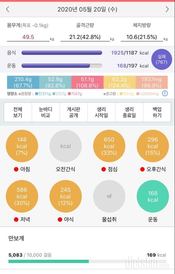 20일 수요일 식단 운동/ 21일 목요일 공체