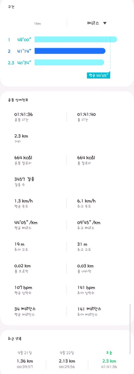 09월 23일( 운동 664kcal)