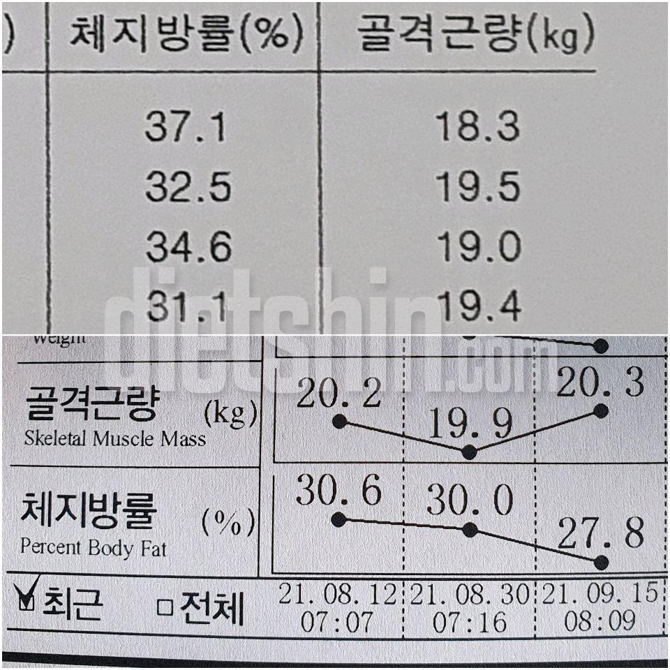 인바디 골격근 및 체지방 변화 37>27 달성