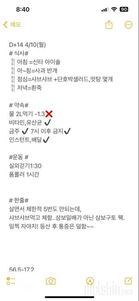 D+14 4/10 걷기+샤브샤브 먹고 급체..웩