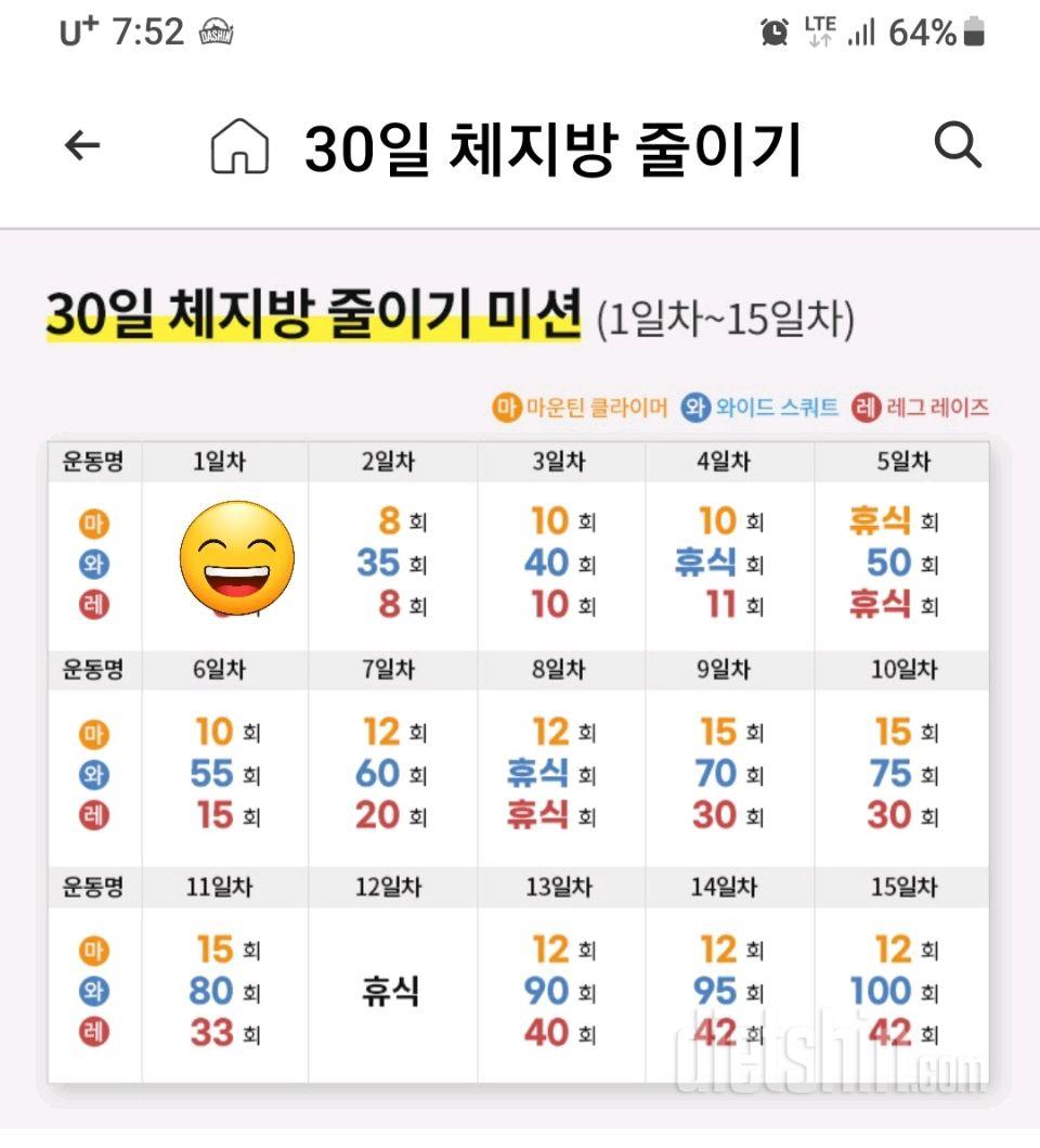 30일 체지방 줄이기 1일차 성공!