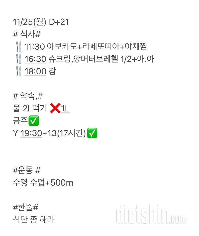 11/25(월) D+21 식단 개판