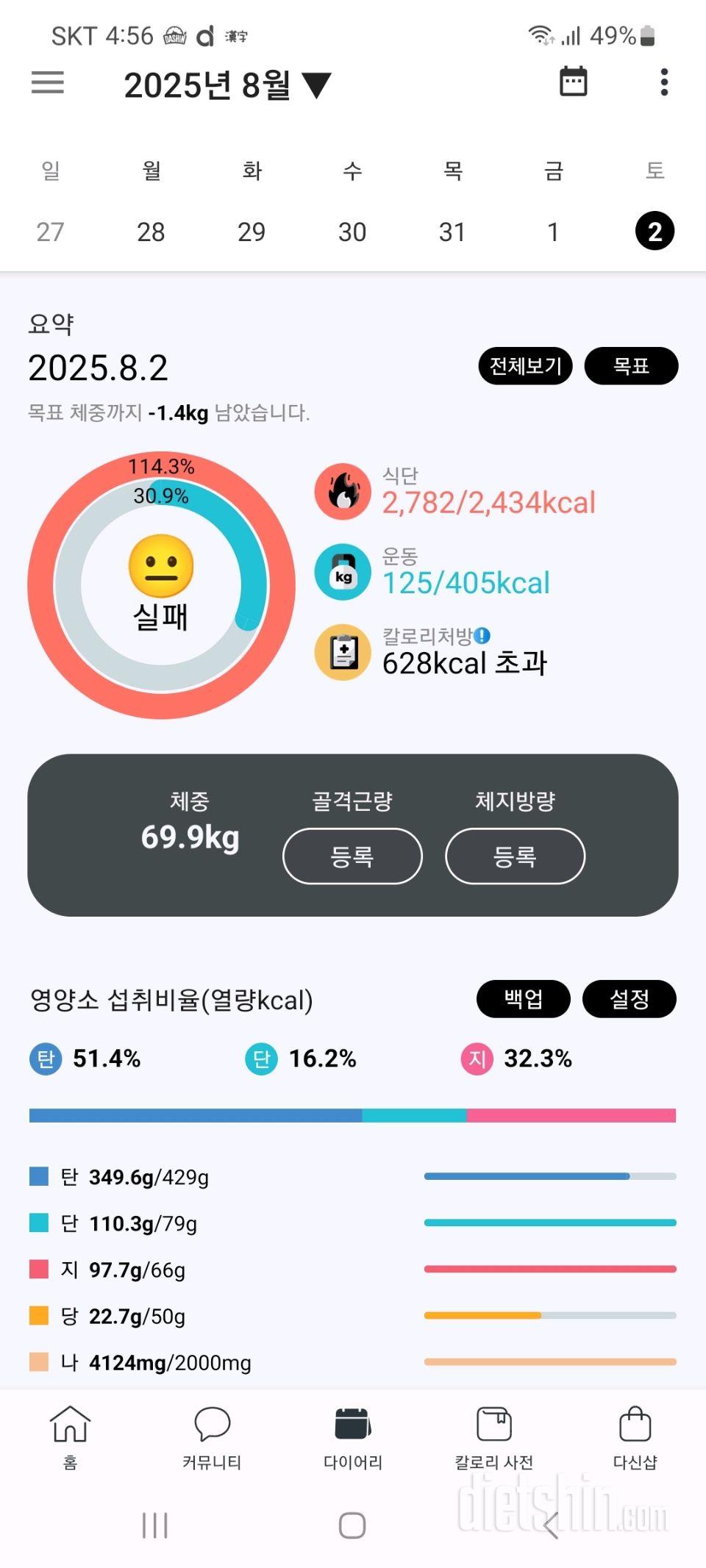25년 8월 2일 다이어트 일기