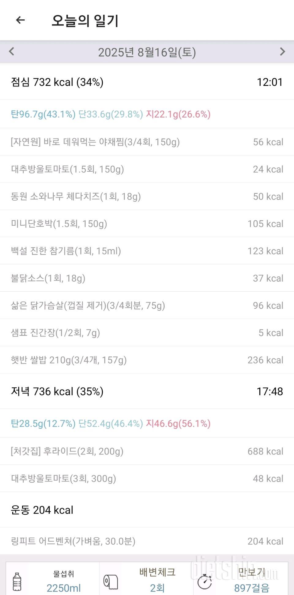 25년 8월 15~16일 다이어트 일기