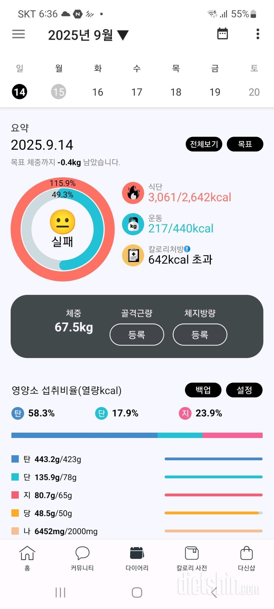 25년 9월 14일 다이어트 일기