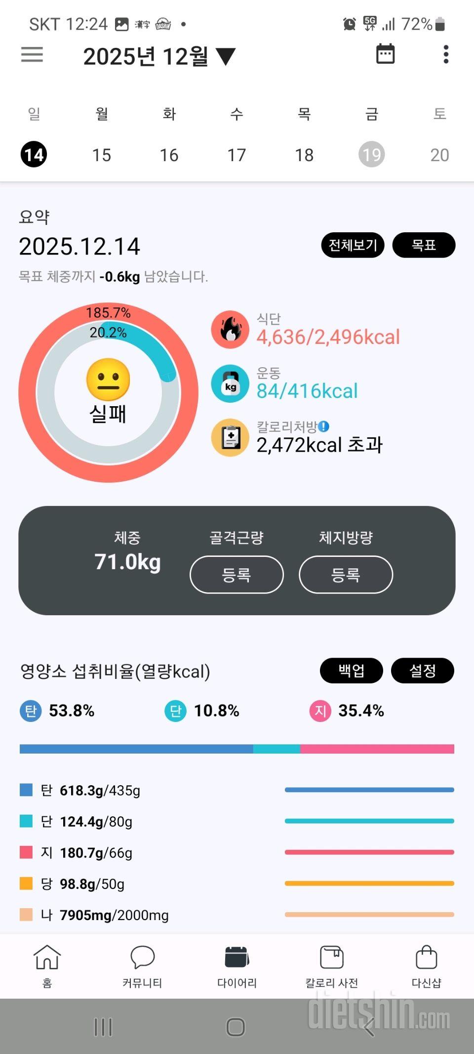 25년 12월 13~18일 다이어트일기