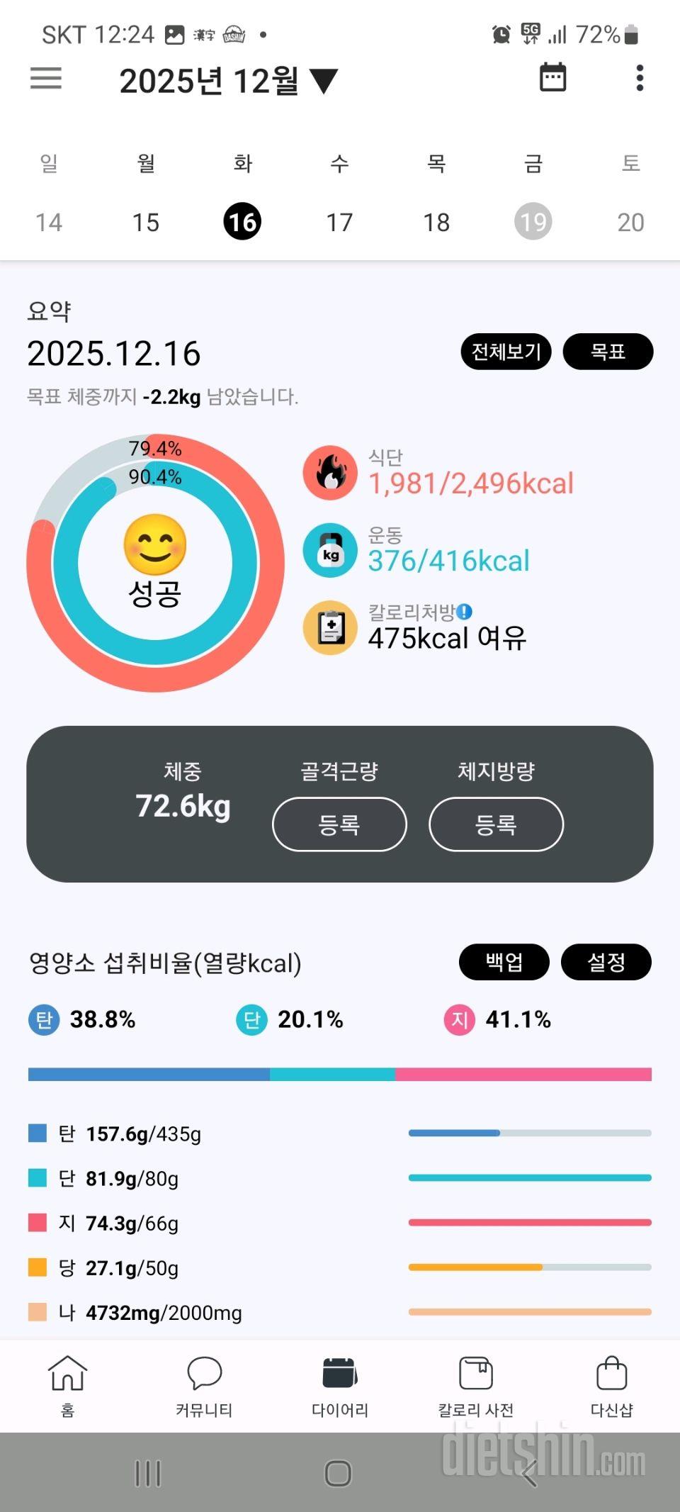 25년 12월 13~18일 다이어트일기