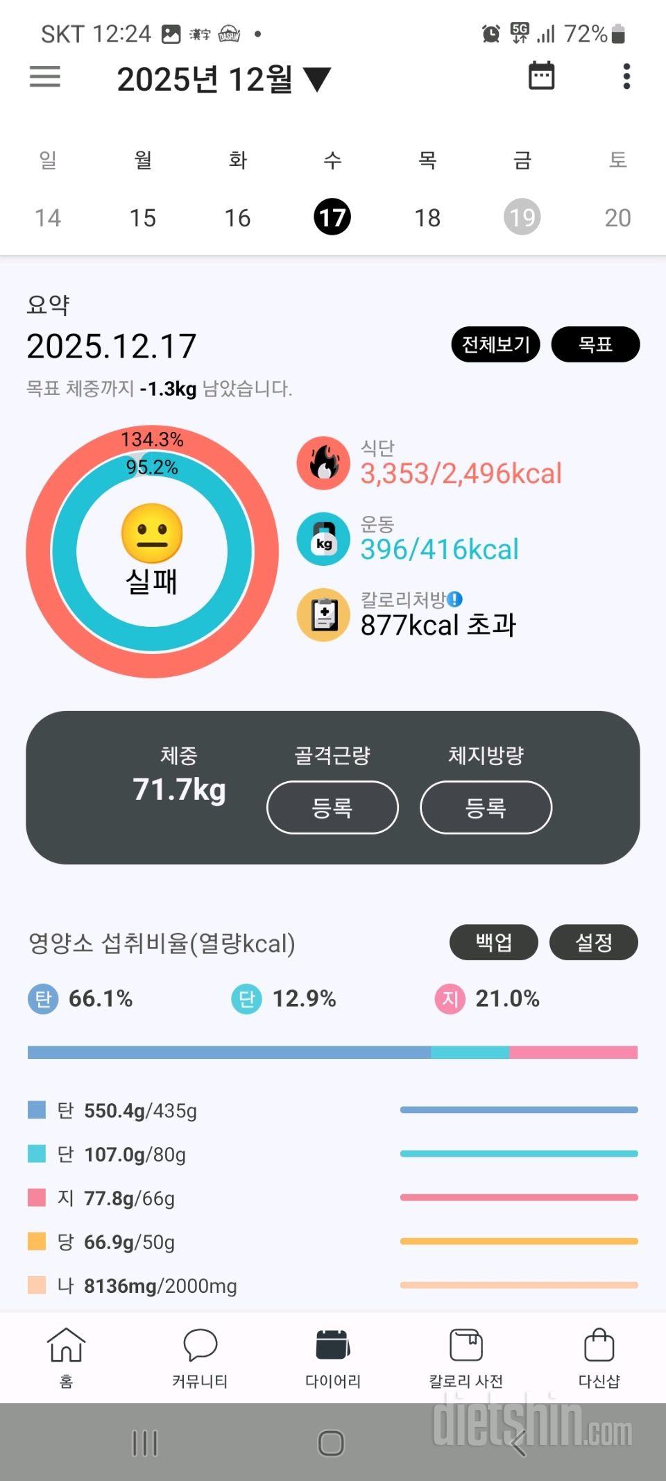 25년 12월 13~18일 다이어트일기