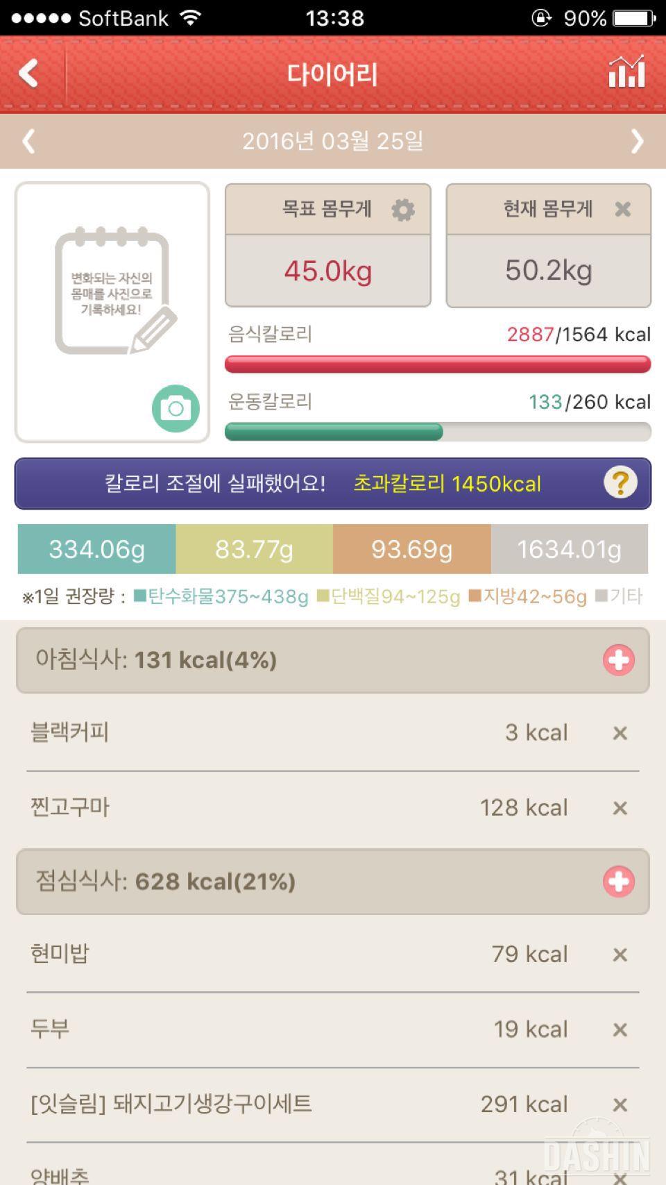 3월 25일 (음식 2887kcal, 운동 133kcal)