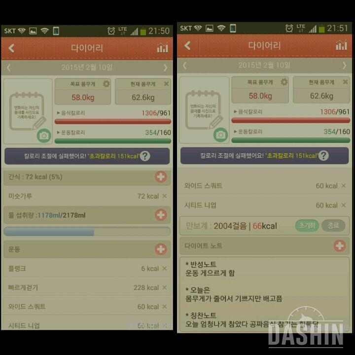 ▲▲ 10일차  65.8kg   →→→   62.6kg