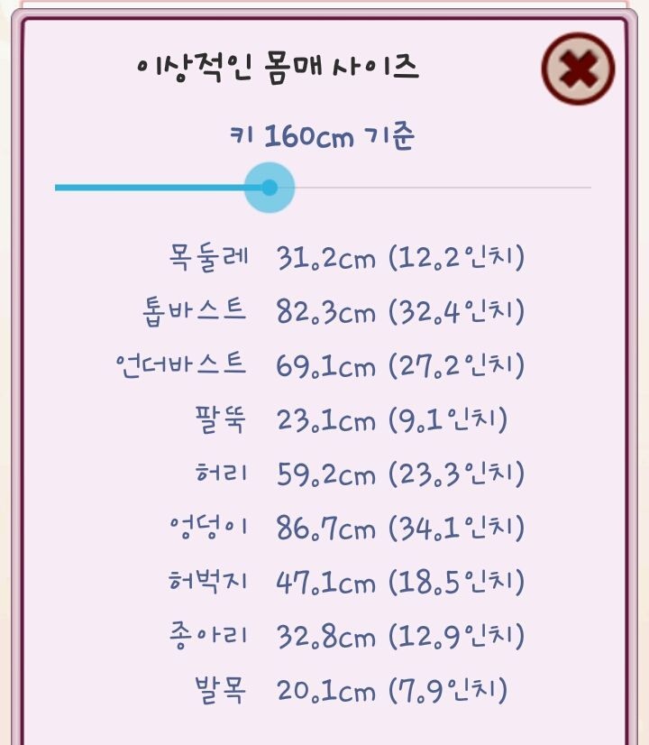 160~165 까지 이상적인 몸 사이즈표