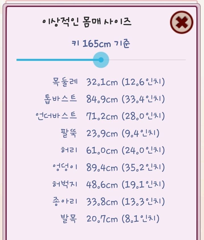 160~165 까지 이상적인 몸 사이즈표