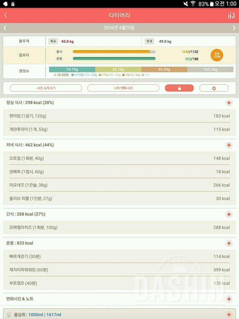4월 25일 기록. (음식1048 , 운동 833)