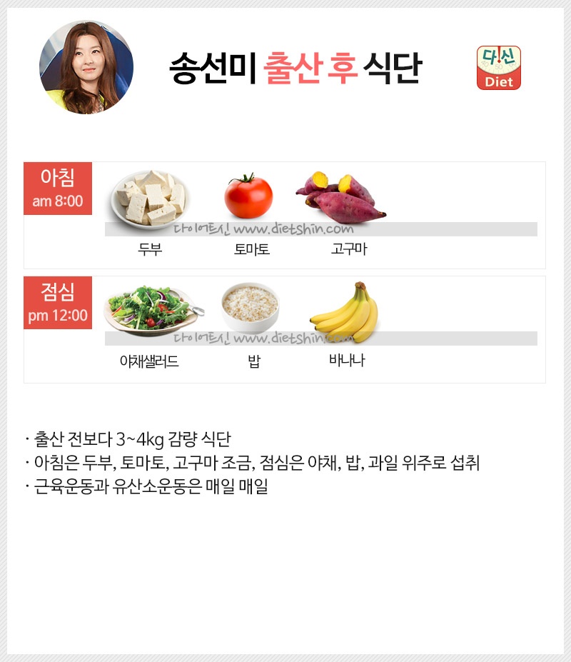 배우 송선미 식단표 (출산 후 식단)