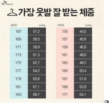 참고하면 좋은 옷발 잘 받는 체중표!!