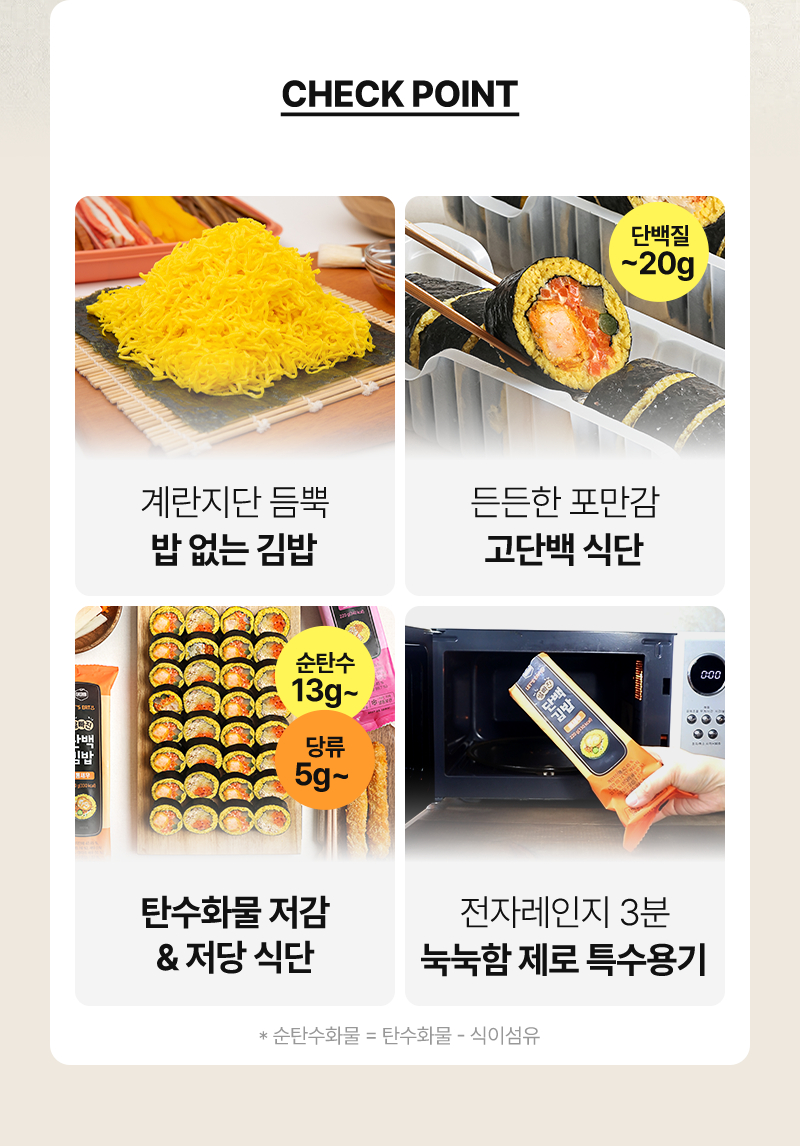 쌀빠진 단백김밥 - 계란지단, 고단백, 저당, 전자레인지 3분 조리 - 체크포인트 정보 요약