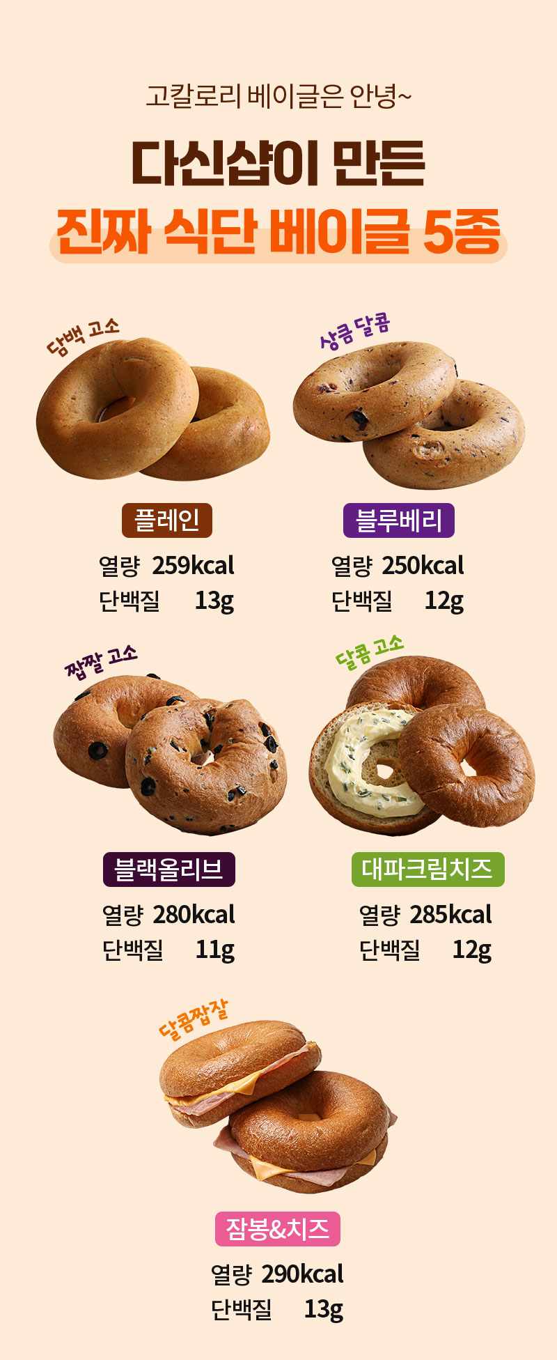 두부베이글 5종 - 칼로리 및 단백질 영양정보 안내