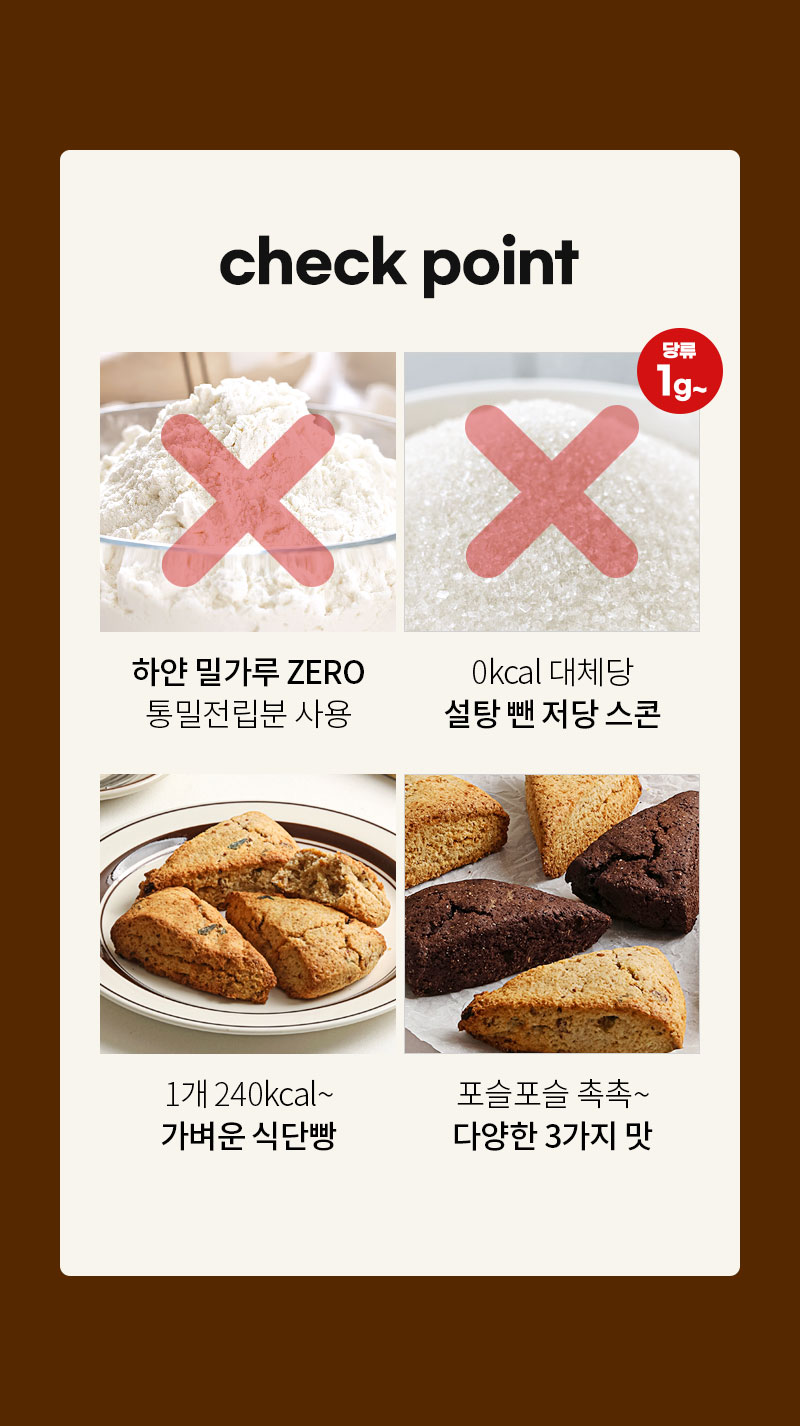 통밀당 스콘 - 통밀 전립분, 대체당 사용, 식단빵, 3가지 맛 - 체크포인트