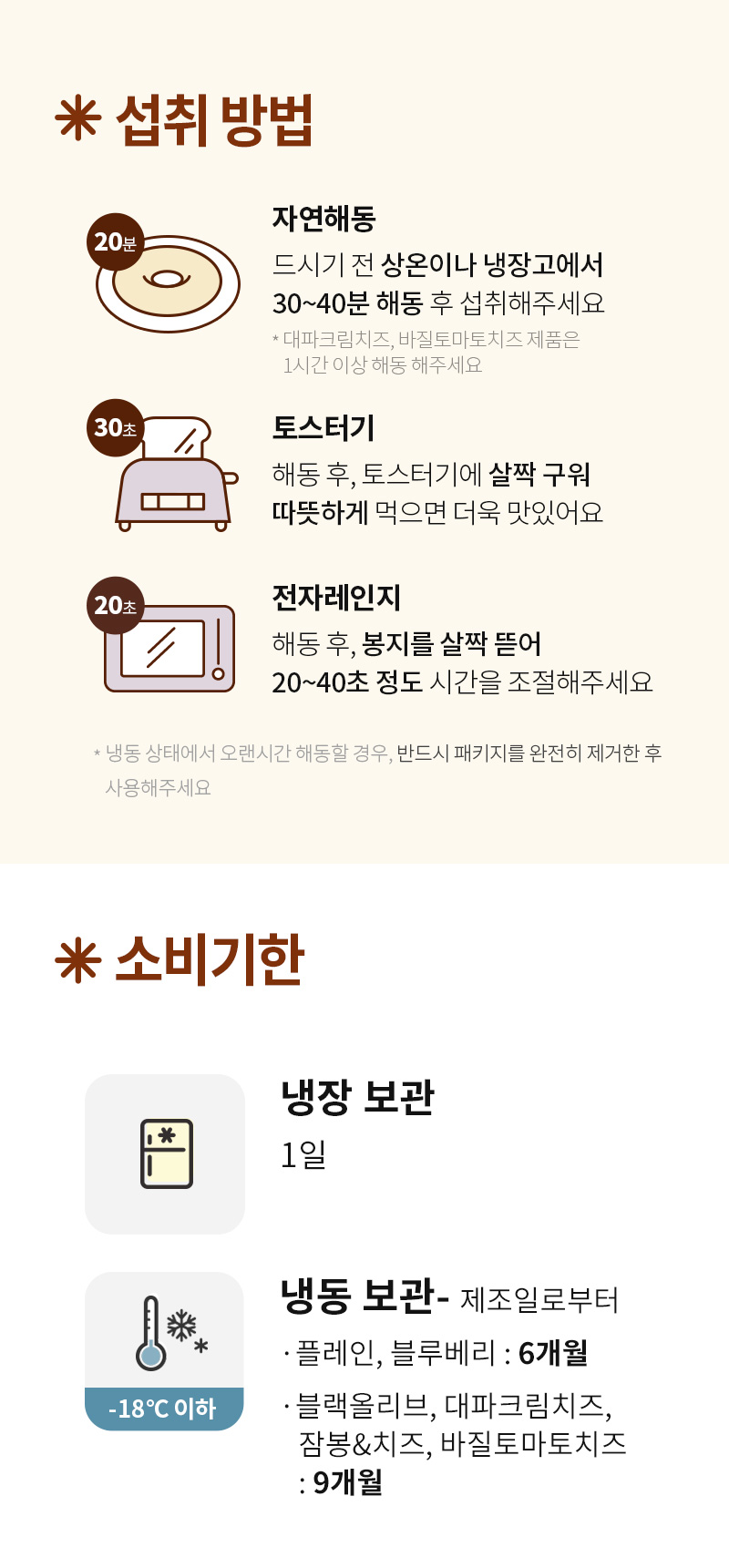 두부베이글 섭취방법, 20분에서 40분 자연 해동 후 토스터기 및 전자레인지 조리