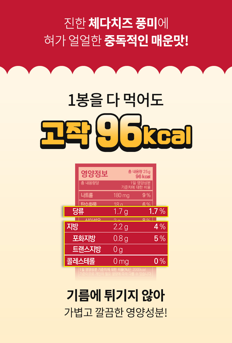 곤약팝콘 치즈불닭맛 - 1봉지 96kcal, 트랜스지방 0g - 영양성분 안내