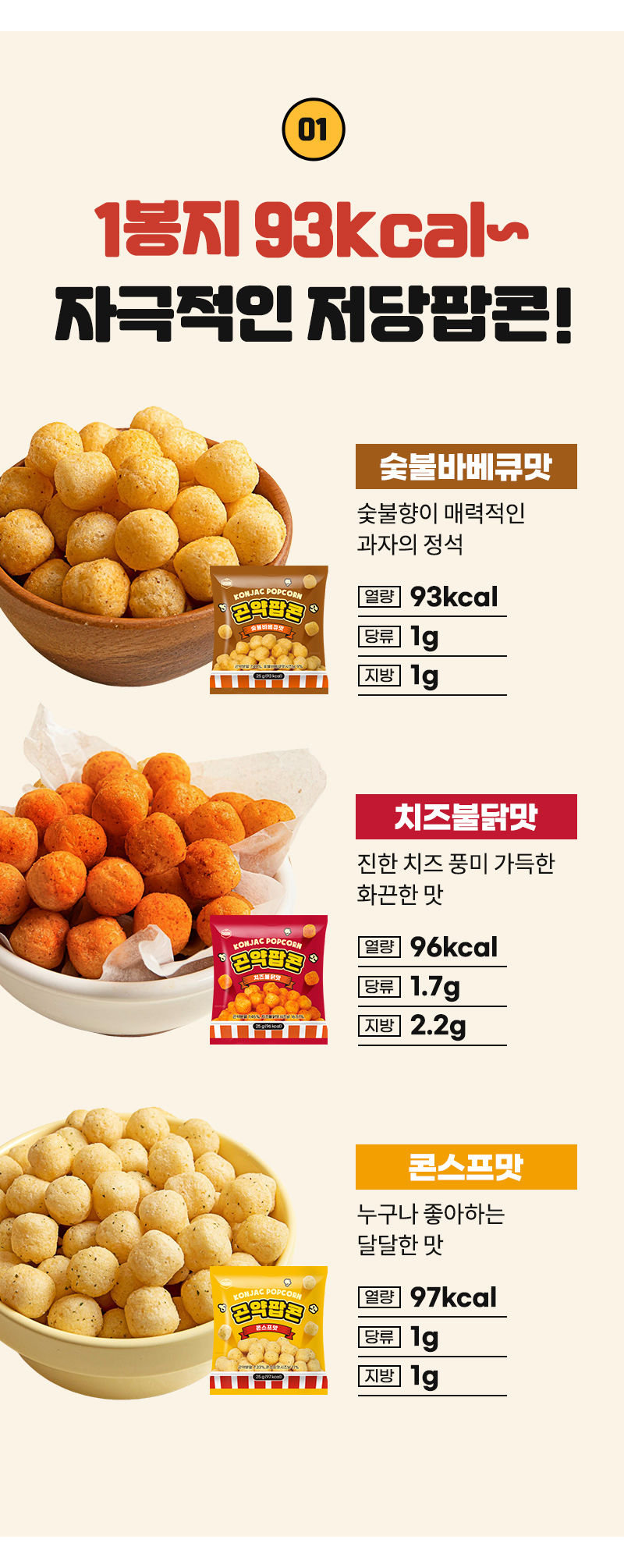 저당 과자 곤약팝콘 - 3종, 숯불바베큐맛, 치즈불닭맛, 콘스프맛 - 제품 안내