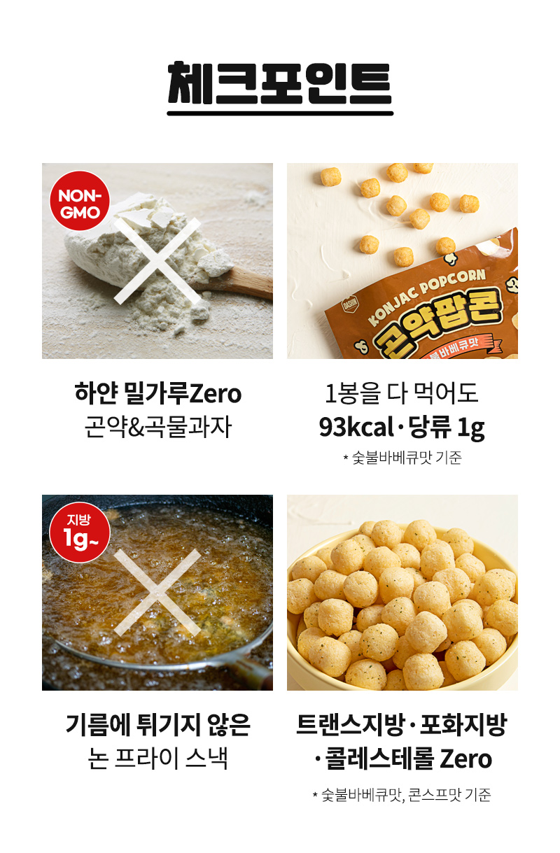 곤약팝콘 - 하얀밀가루 제로, 1봉지 93kcal, 당류 1g, 튀기지 않은 과자 - 체크포인트 안내