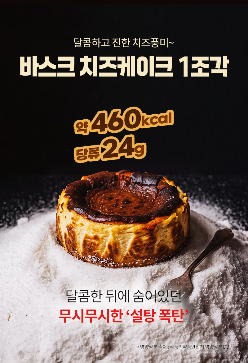 1조각 460kcal 및 당류 24g 일반 치즈케이크 섭취 시 높은 당류 부담 비교