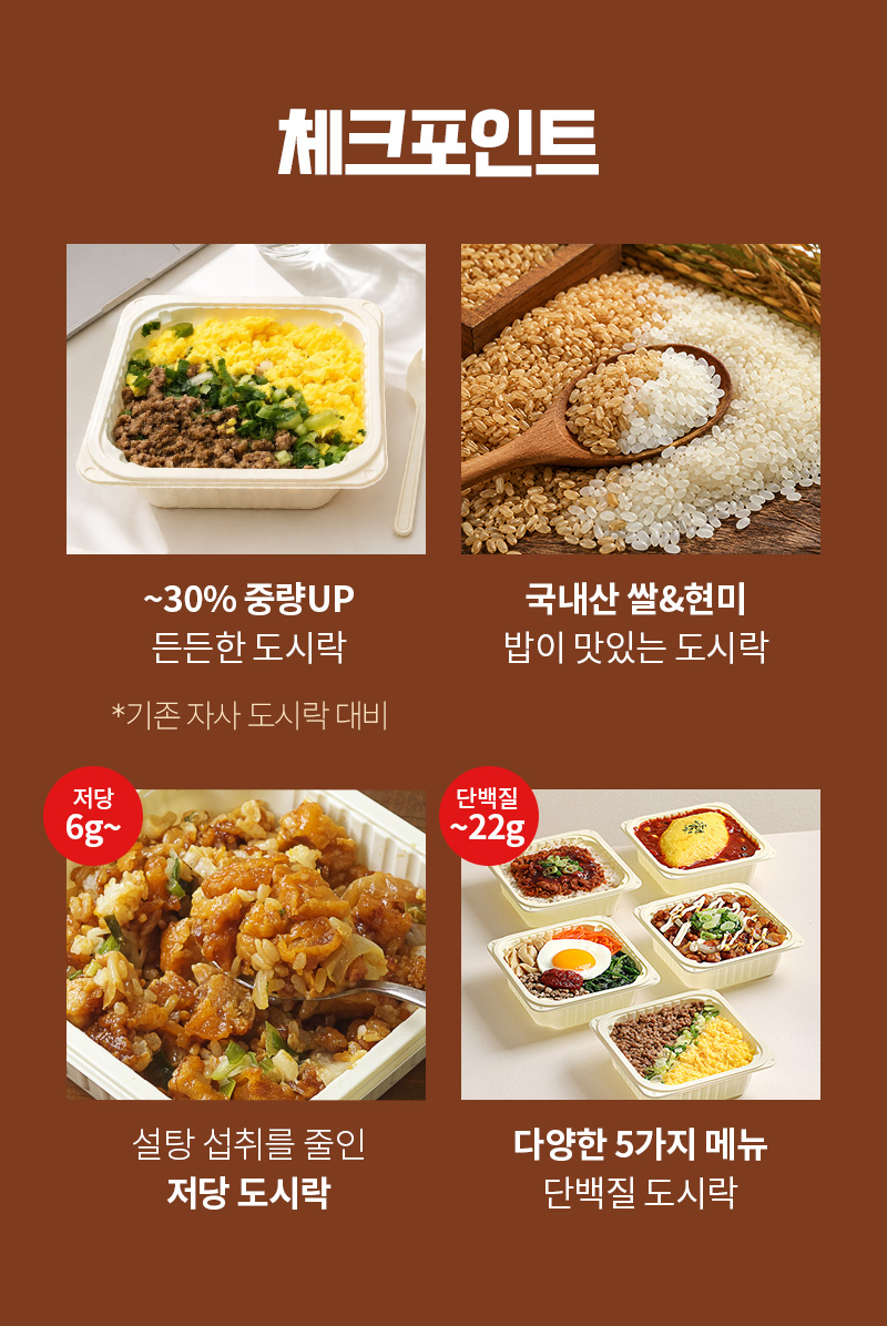 다신고메밥상 5종 냉동도시락 - 중량 30% 증량, 밥이 맛있는 맞춤밥, 안심 저당, 단백질 영양 설계 - 핵심 체크포인트 안내 이미지