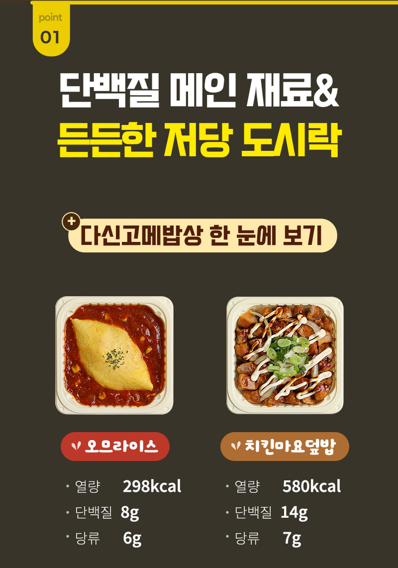 다신고메밥상 5종 냉동도시락 - 단백질 메인 재료 구성 및 당류 부담을 낮춘 저당 설계 특징 - 영양 성분 특장점 안내 이미지