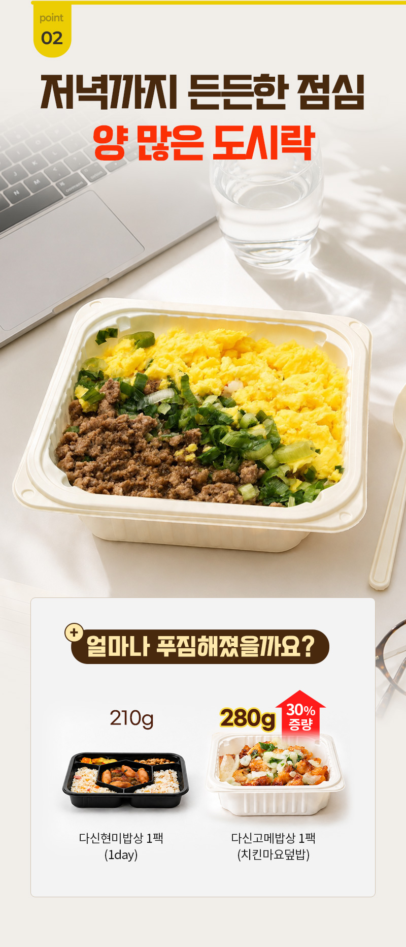 다신고메밥상 5종 냉동도시락 - 기존 다신샵 도시락 대비 중량을 30% 증량하여 넉넉해진 용량 - 제품 중량 비교 안내 이미지